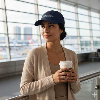 woman wearing navy blue cap with 'High Standards Low Patience' text embroidered in white on a white background
