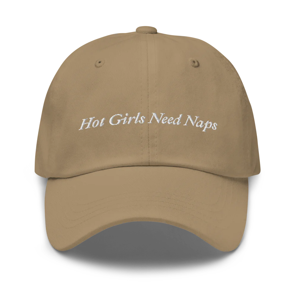 Khaki Baseball hat with 'Hot Girls Need Naps' text embroidered in white on a white background