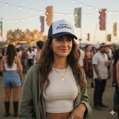 Woman wearing a trucker hat with 'putting the hot in psychotic' text at a festival.