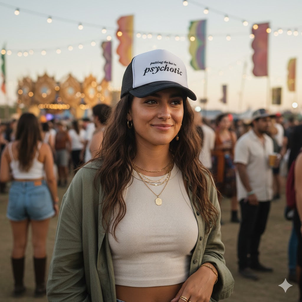 Woman wearing a trucker hat with 'putting the hot in psychotic' text at a festival.