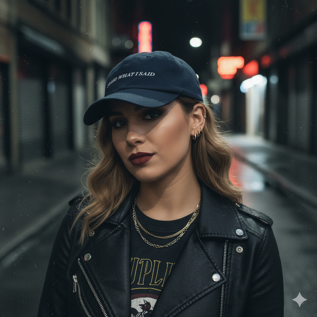 Girl wearing Navy blue baseball hat with 'I SAID WHAT I SAID' text embroidered in white in an edgy outfit