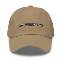 khaki baseball hat with 'PROBLEMATIC' text embroidered on a white background