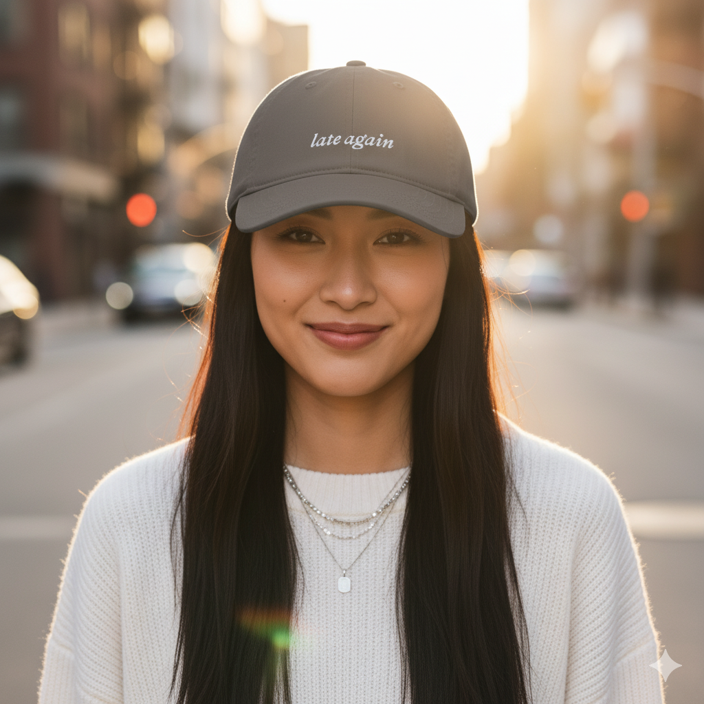 Woman wearing a cap with 'late again' text on a city street.
