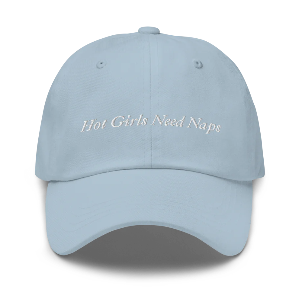 light blue Baseball hat with 'Hot Girls Need Naps' text embroidered in white on a white background