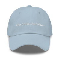 light blue Baseball hat with 'Hot Girls Need Naps' text embroidered in white on a white background