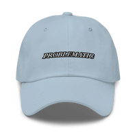 Light blue baseball hat with 'PROBLEMATIC' text embroidered on a white background