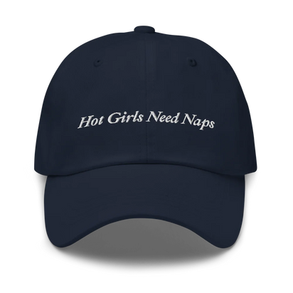 Navy Baseball hat with 'Hot Girls Need Naps' text embroidered in white on a white background