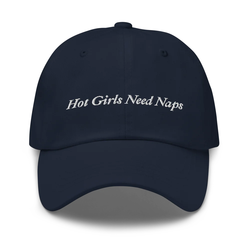 Navy Baseball hat with 'Hot Girls Need Naps' text embroidered in white on a white background