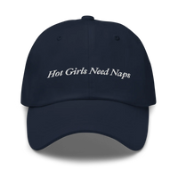 Navy Baseball hat with 'Hot Girls Need Naps' text embroidered in white on a white background