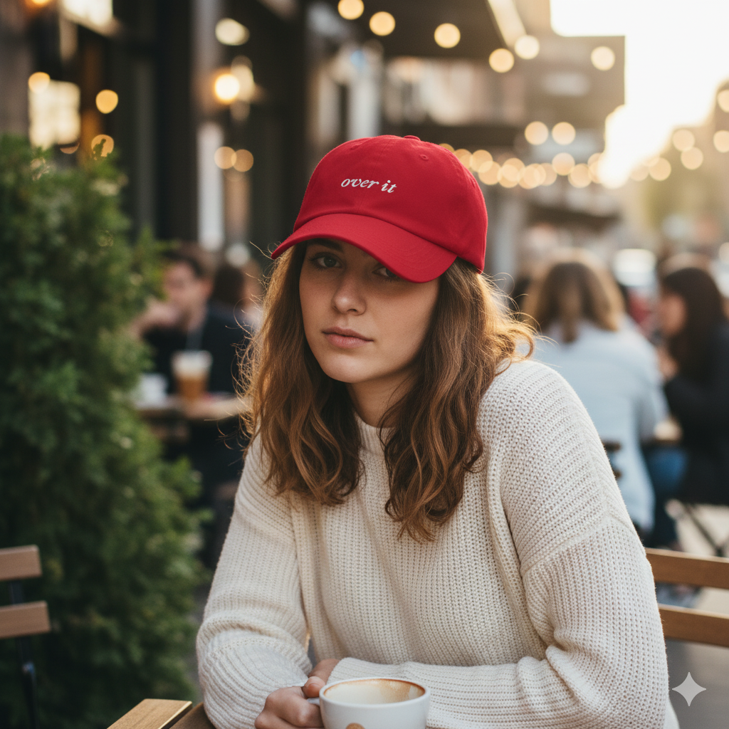Red baseball hat with 'over it' text embroidered in white on a white background