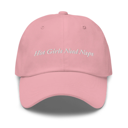 pinkBaseball hat with 'Hot Girls Need Naps' text embroidered in white on a white background