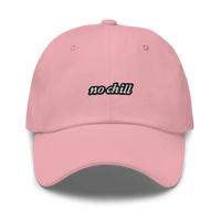 Pink baseball hat with 'no chill' embroidered text on a white background