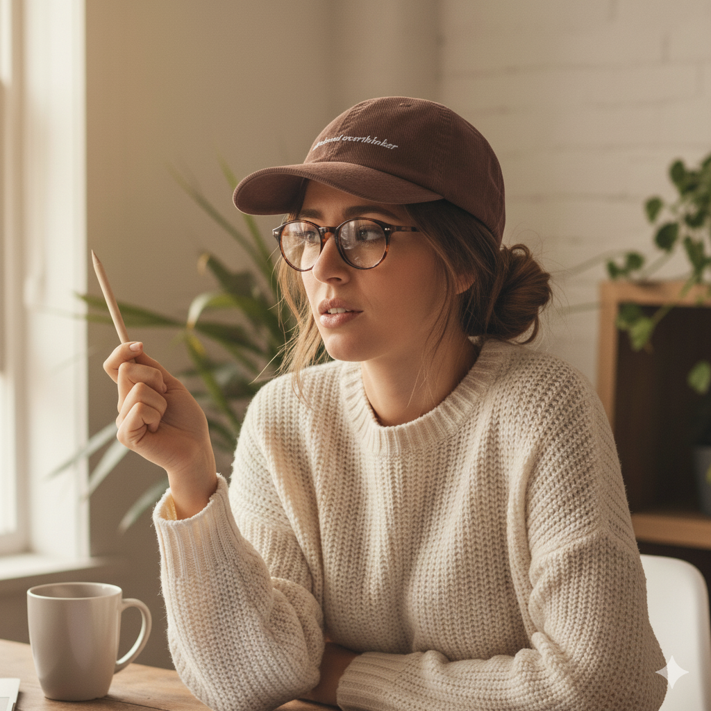 woman wearing brown corduroy baseball hat with 'professional overthinker' text embroidered in white on a white background