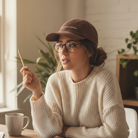 woman wearing brown corduroy baseball hat with 'professional overthinker' text embroidered in white on a white background