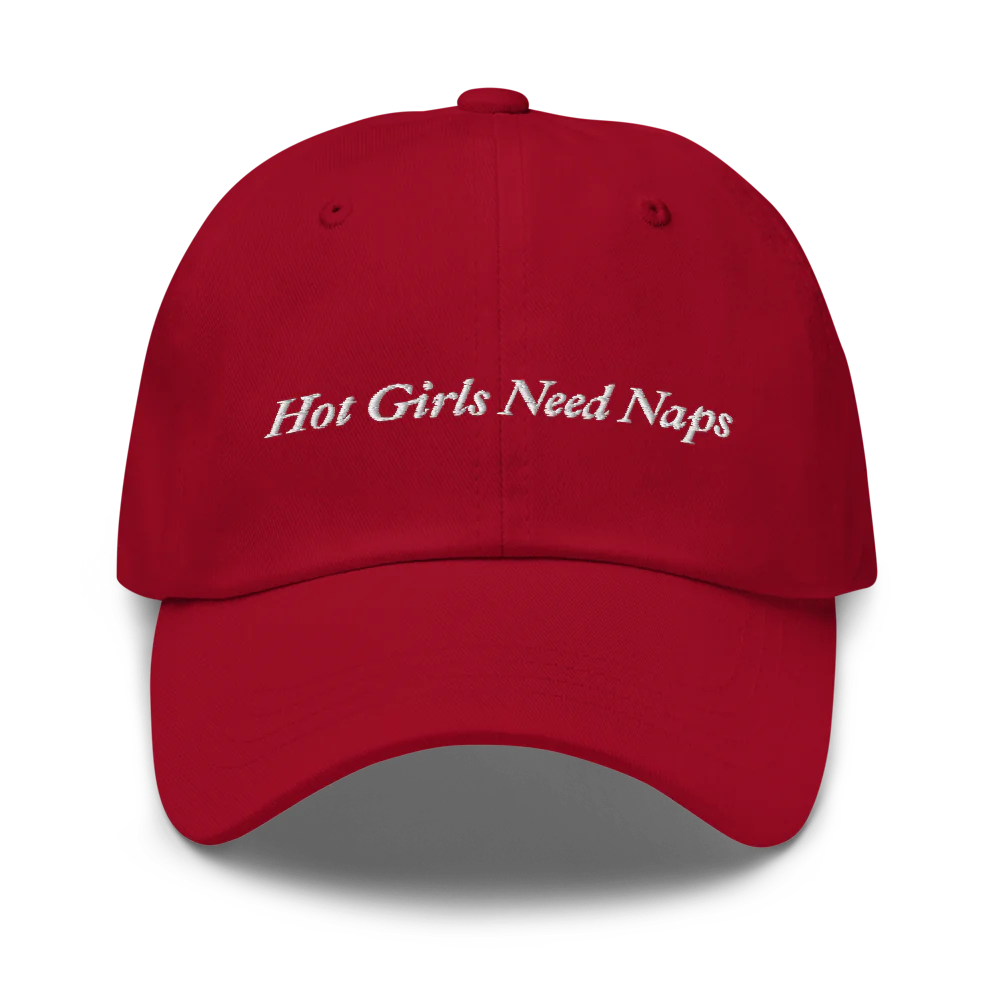 Red Baseball hat with 'Hot Girls Need Naps' text embroidered in white on a white background