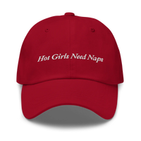Red Baseball hat with 'Hot Girls Need Naps' text embroidered in white on a white background