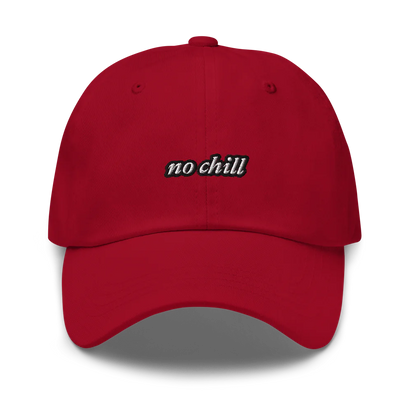 Red baseball hat with 'no chill' embroidered text on a white background