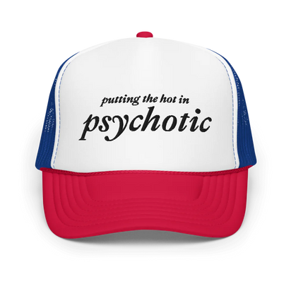 red, white, and blue  trucker hat with embroidered black text that says 