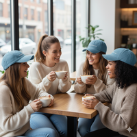 group of girls wearing denim baseball hats with white embroidered text 'running late is my cardio' on a white background