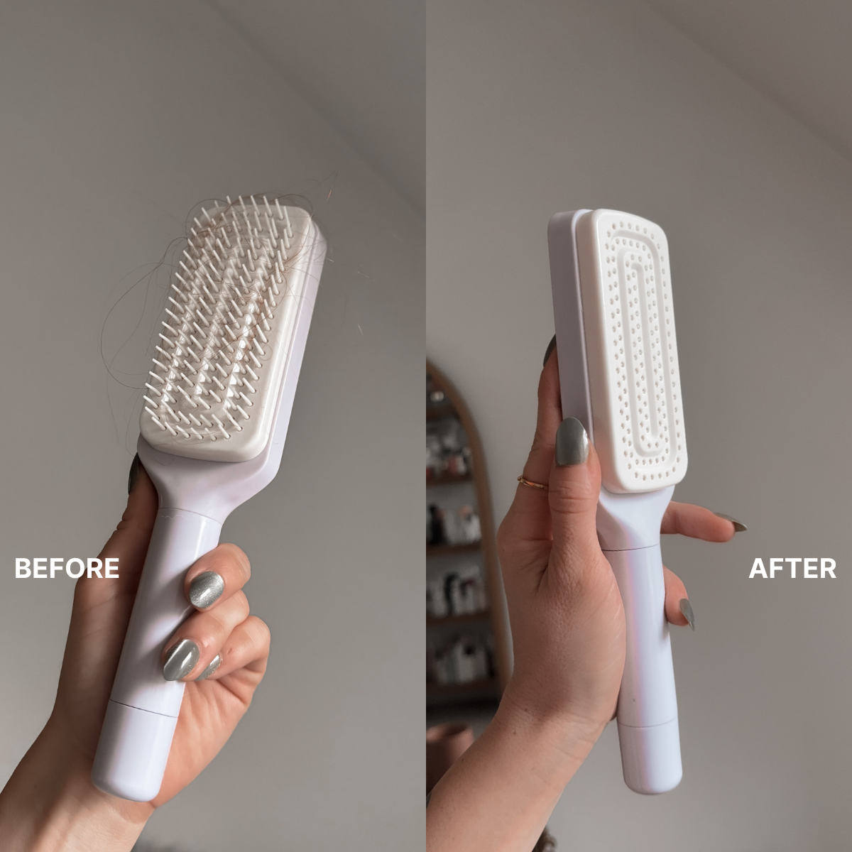 Before and after comparison of a purple and white hairbrush with bristles showing hair on the 'before' side and clean on the 'after' side.