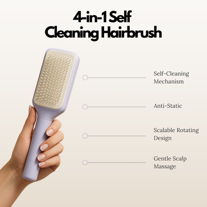 4-in-1 self cleaning hairbrush held by a hand with features listed on a beige background