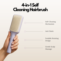 4-in-1 self cleaning hairbrush held by a hand with features listed on a beige background