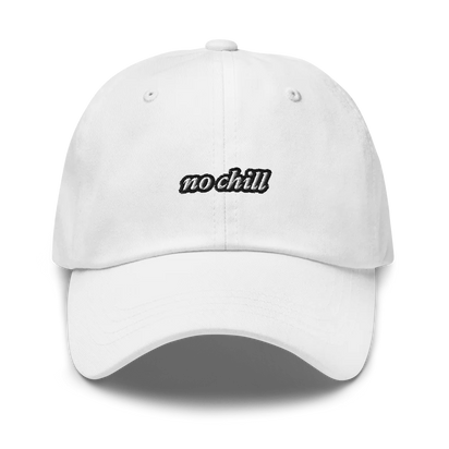 White baseball hat with 'no chill' embroidered text on a white background