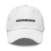 White baseball hat with 'PROBLEMATIC' text embroidered on a white background